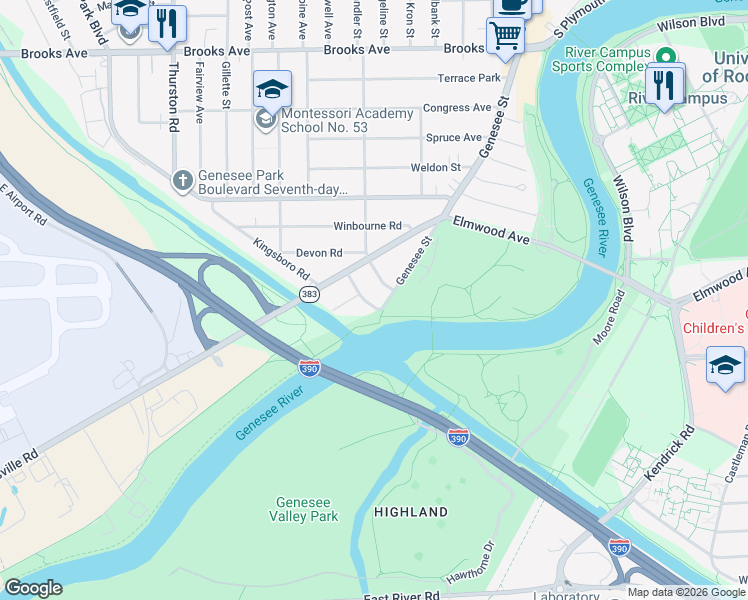 map of restaurants, bars, coffee shops, grocery stores, and more near 46 Vixette Street in Rochester
