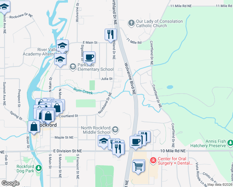 map of restaurants, bars, coffee shops, grocery stores, and more near 198 Northland Drive Northeast in Rockford