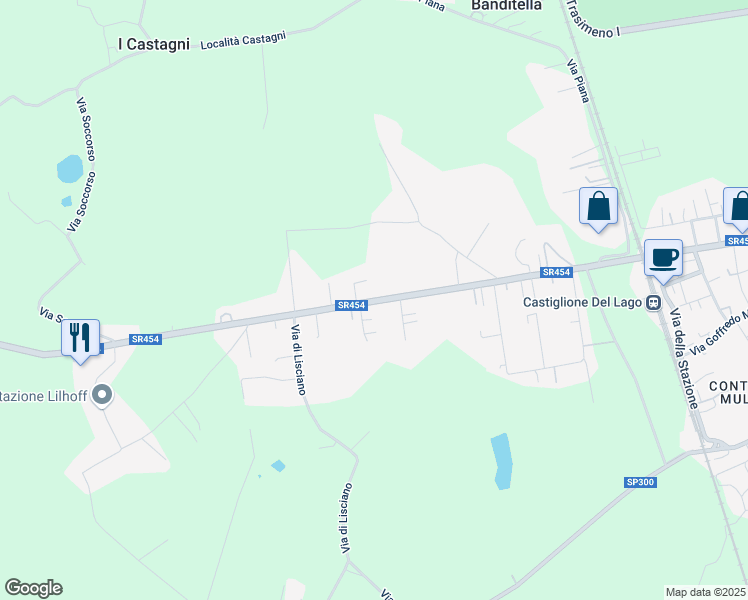 map of restaurants, bars, coffee shops, grocery stores, and more near 52 Via Soccorso in Castiglione del Lago
