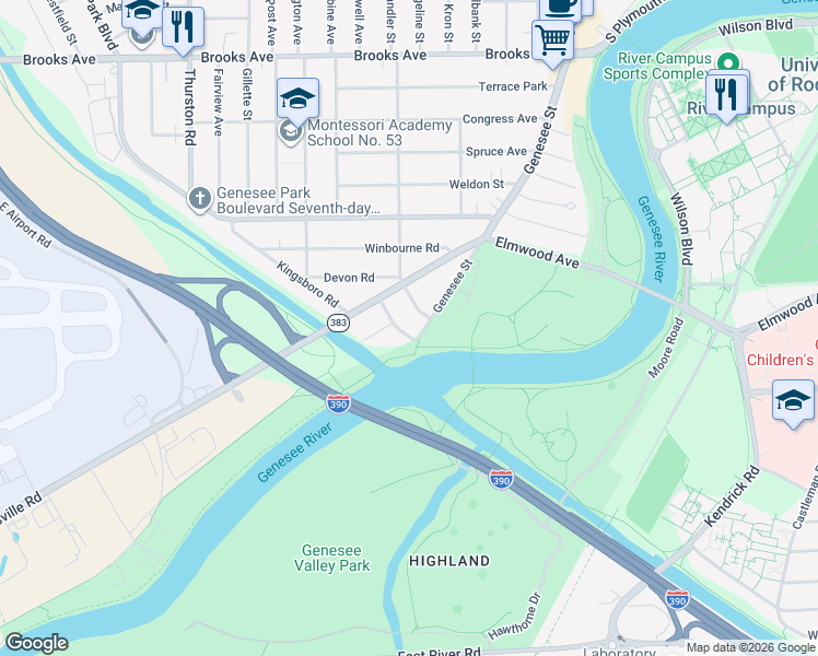 map of restaurants, bars, coffee shops, grocery stores, and more near 46 Vixette Street in Rochester