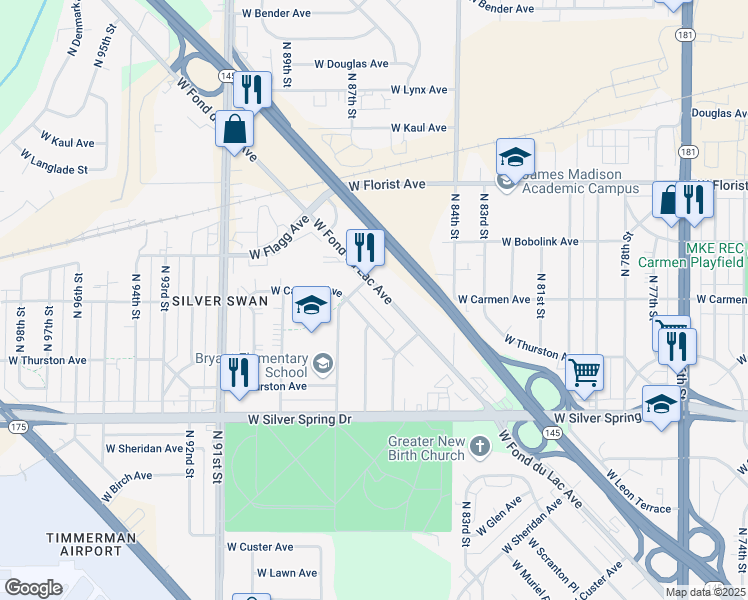 map of restaurants, bars, coffee shops, grocery stores, and more near 8688 West Medford Avenue in Milwaukee