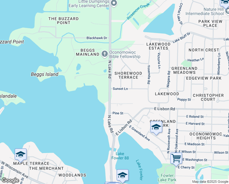 map of restaurants, bars, coffee shops, grocery stores, and more near N56W37903 Sunset Lane in Oconomowoc