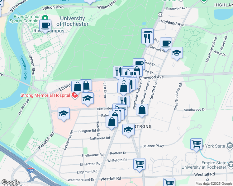 map of restaurants, bars, coffee shops, grocery stores, and more near 1331 Mount Hope Avenue in Rochester