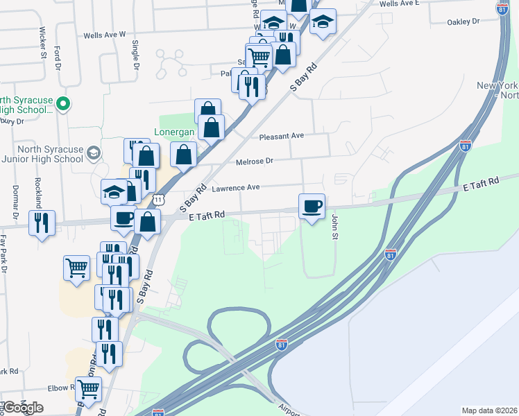 map of restaurants, bars, coffee shops, grocery stores, and more near 305 East Taft Road in Syracuse