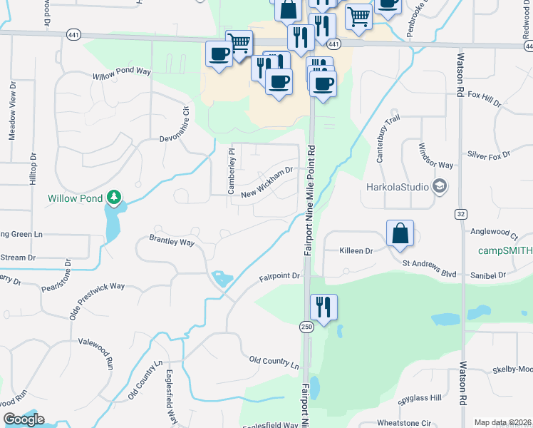 map of restaurants, bars, coffee shops, grocery stores, and more near 206 New Wickham Drive in Penfield