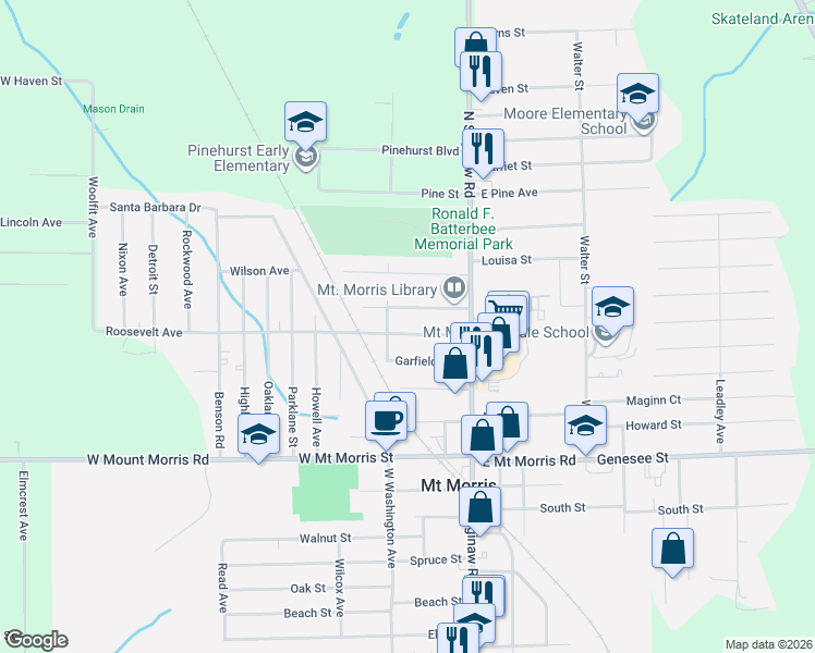 map of restaurants, bars, coffee shops, grocery stores, and more near 622 Van Buren Avenue in Mount Morris