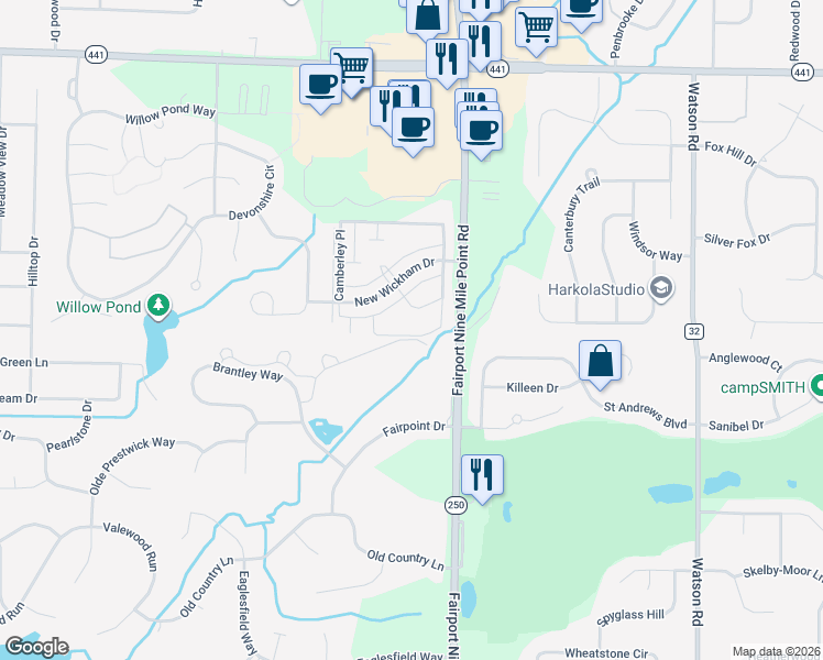 map of restaurants, bars, coffee shops, grocery stores, and more near 206 New Wickham Drive in Penfield