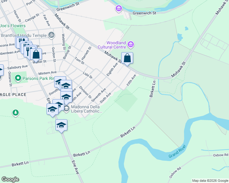 map of restaurants, bars, coffee shops, grocery stores, and more near 56 Sixth Avenue in Brantford
