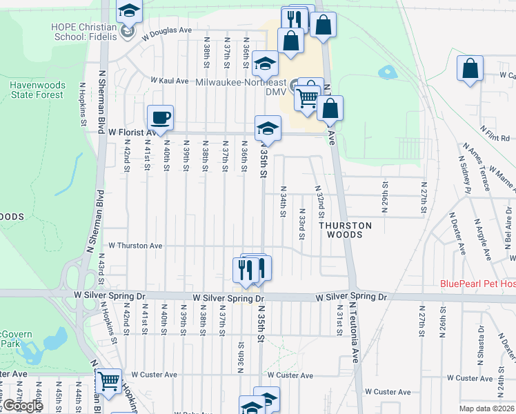map of restaurants, bars, coffee shops, grocery stores, and more near 5811 North 35th Street in Milwaukee