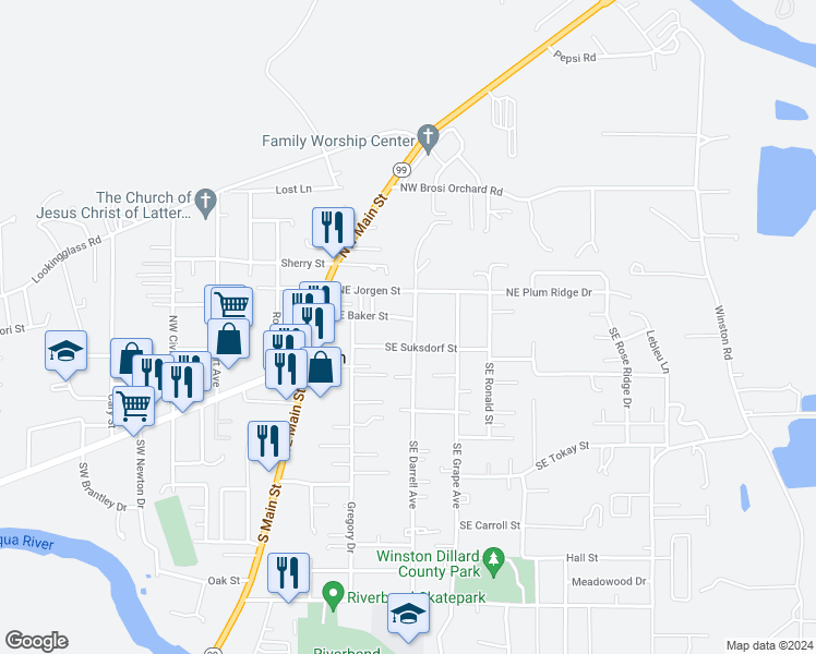 map of restaurants, bars, coffee shops, grocery stores, and more near 183 Northeast Baker Street in Winston