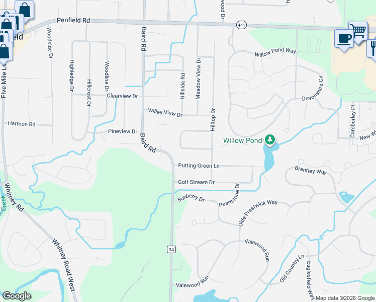 map of restaurants, bars, coffee shops, grocery stores, and more near 62 Burning Tree Lane in Penfield