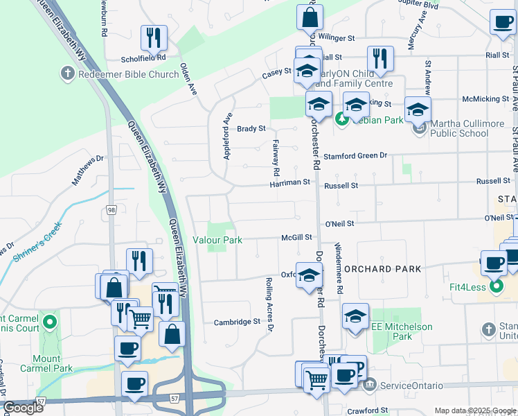 map of restaurants, bars, coffee shops, grocery stores, and more near 6965 Brian Crescent in Niagara Falls