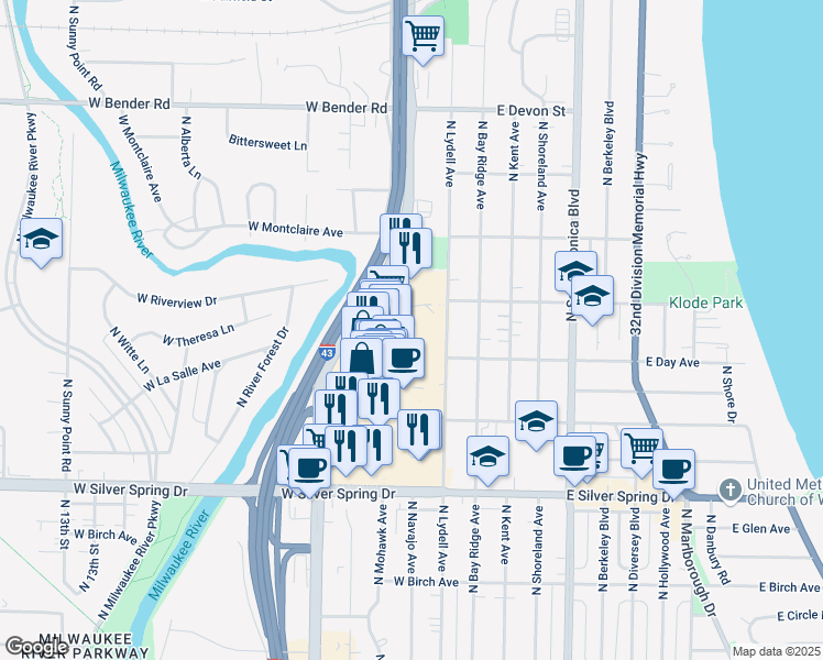 map of restaurants, bars, coffee shops, grocery stores, and more near 5800 North Port Washington Road in Glendale
