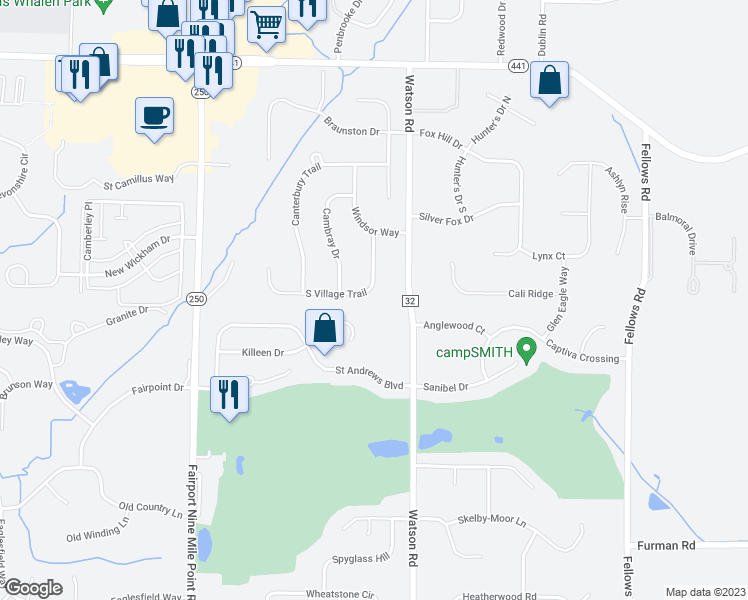 map of restaurants, bars, coffee shops, grocery stores, and more near 16 South Village Trail in Fairport