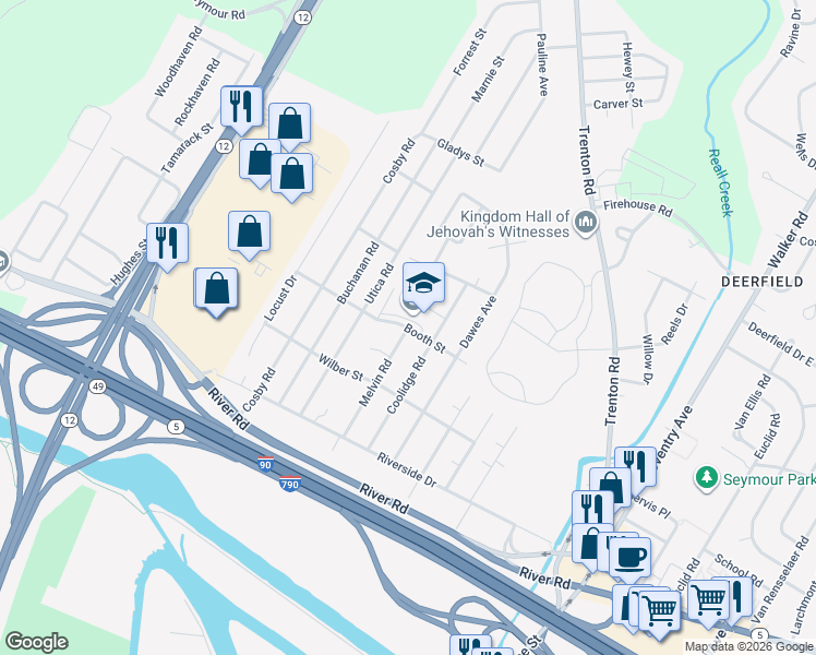 map of restaurants, bars, coffee shops, grocery stores, and more near 182 Booth St in Utica
