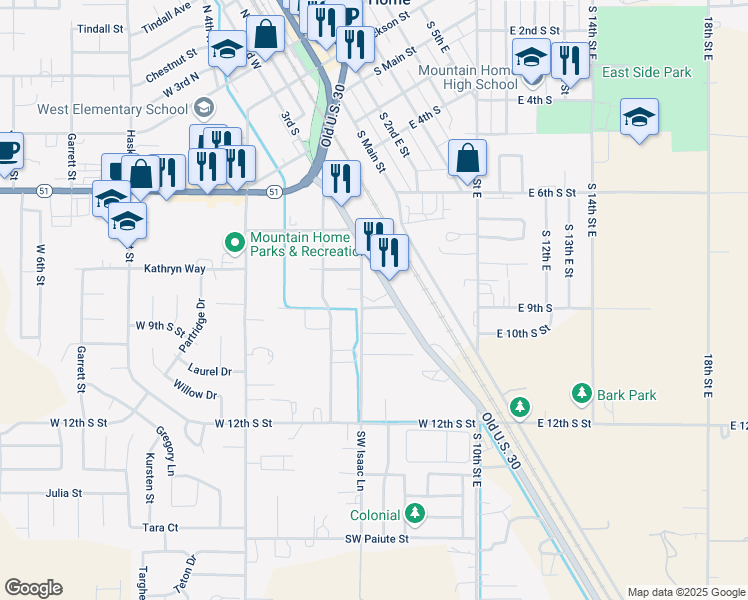 map of restaurants, bars, coffee shops, grocery stores, and more near 865 South 3rd West in Mountain Home