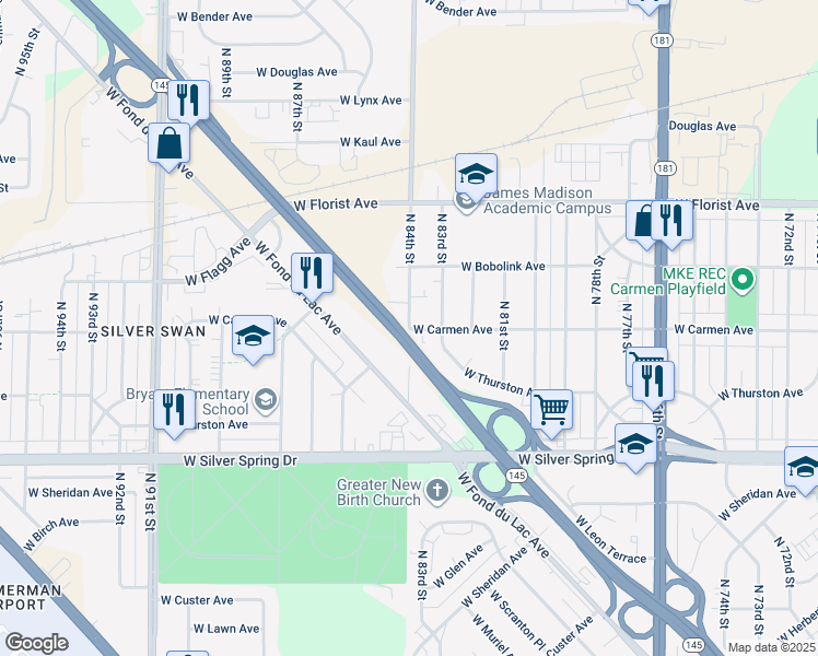 map of restaurants, bars, coffee shops, grocery stores, and more near N 84th St & W Carmen Ave in Milwaukee