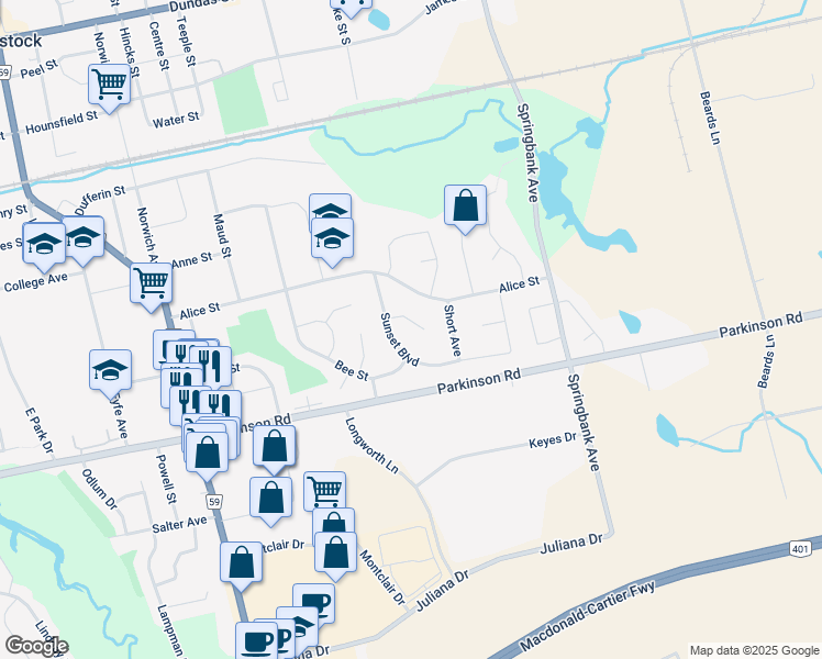 map of restaurants, bars, coffee shops, grocery stores, and more near 3 Winston Place in Woodstock