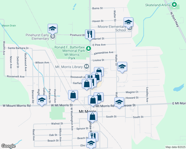 map of restaurants, bars, coffee shops, grocery stores, and more near 708 Jefferson Street in Mount Morris