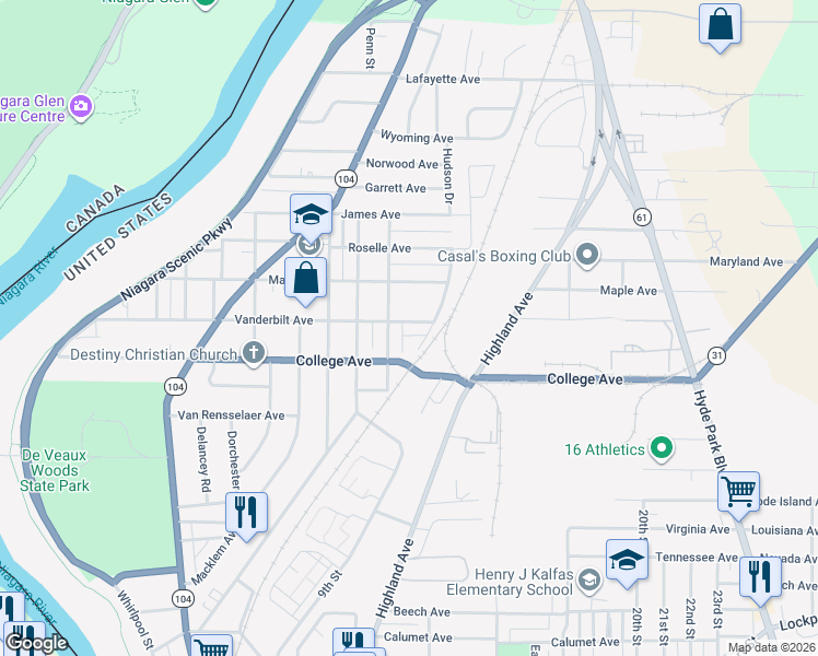 map of restaurants, bars, coffee shops, grocery stores, and more near 1321 Vanderbilt Avenue in Niagara Falls