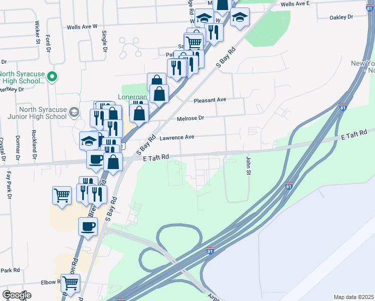 map of restaurants, bars, coffee shops, grocery stores, and more near 305 East Taft Road in Syracuse