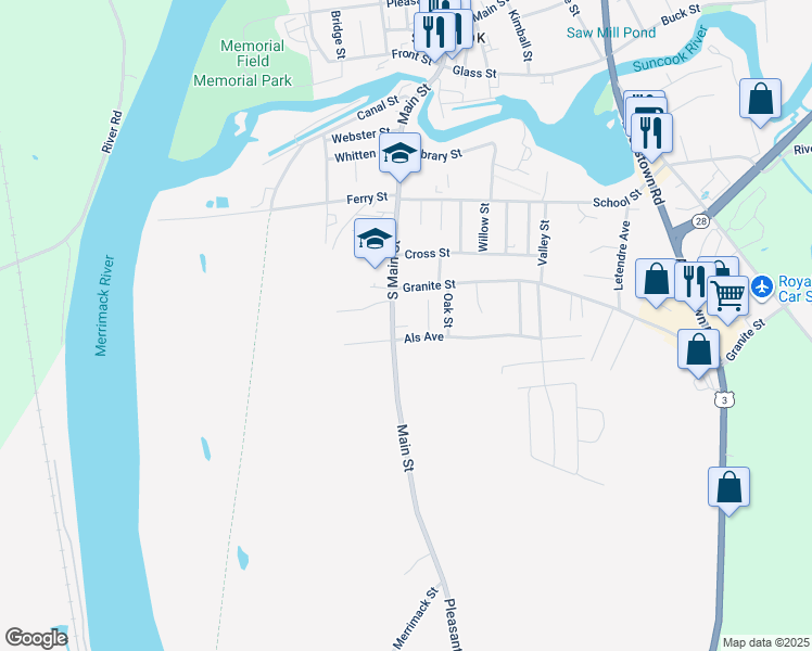 map of restaurants, bars, coffee shops, grocery stores, and more near 3 Court Street in Allenstown