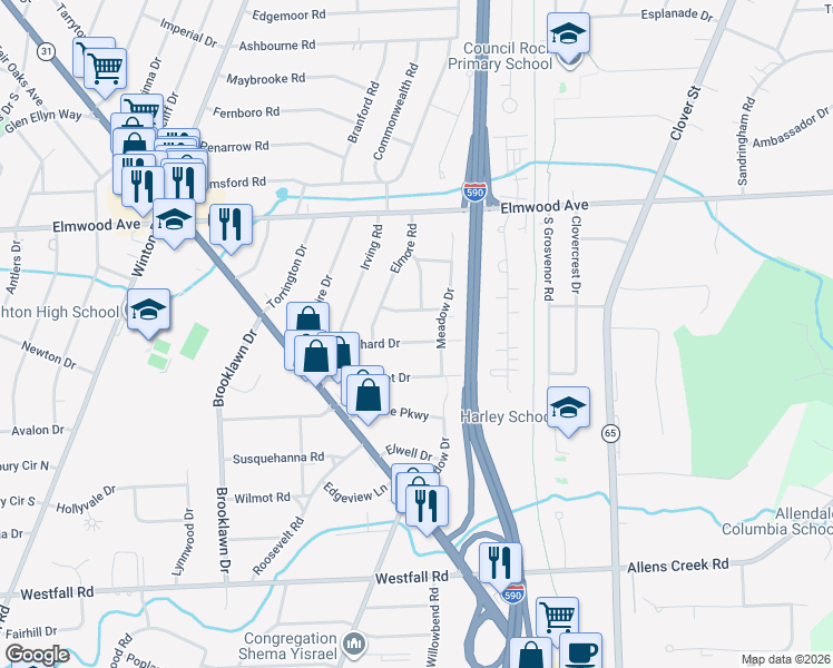map of restaurants, bars, coffee shops, grocery stores, and more near 42 Willowdale Drive in Rochester
