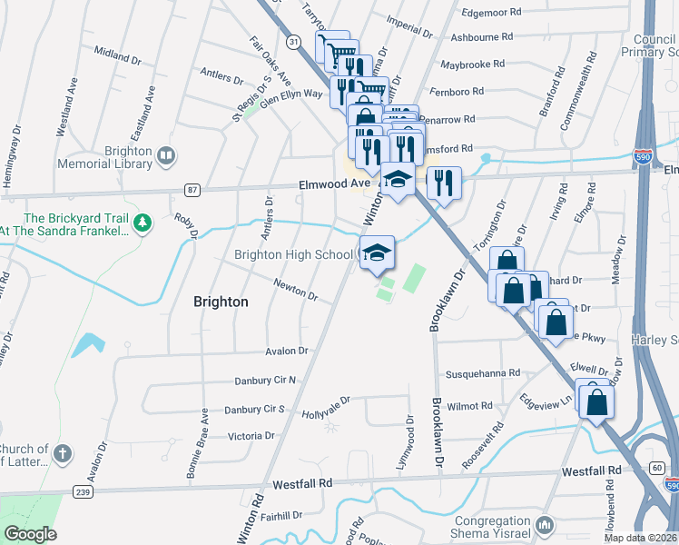 map of restaurants, bars, coffee shops, grocery stores, and more near 1153 Winton Road in Rochester