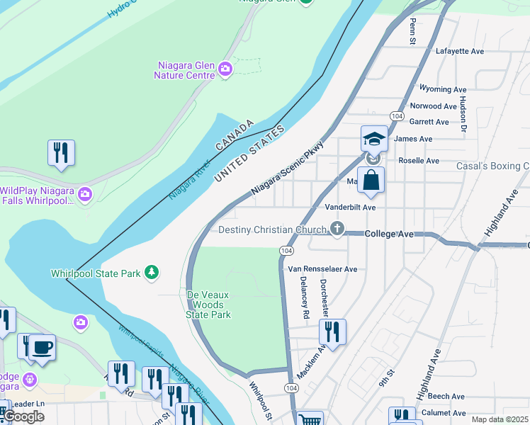map of restaurants, bars, coffee shops, grocery stores, and more near 515 Vanderbilt Avenue in Niagara Falls