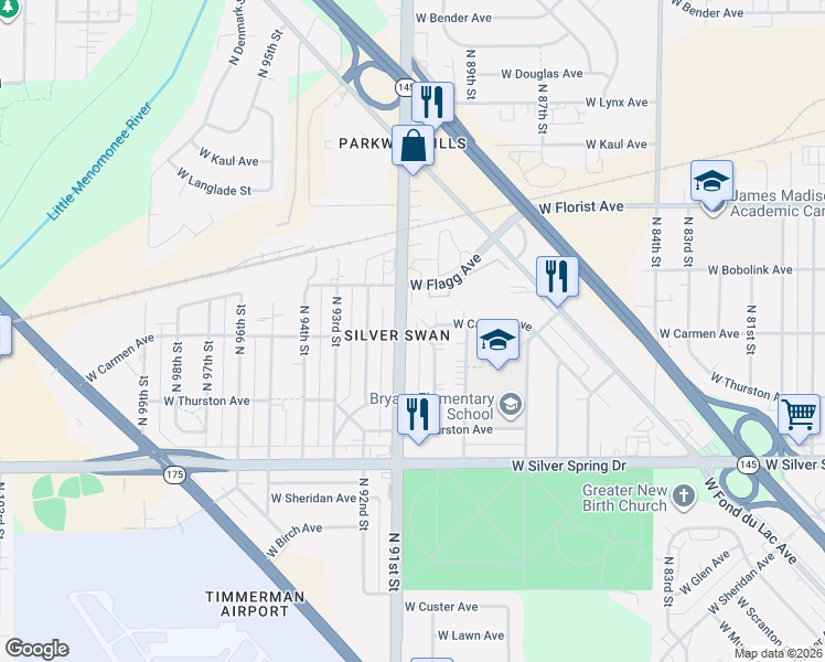 map of restaurants, bars, coffee shops, grocery stores, and more near 5809 North 91st Street in Milwaukee