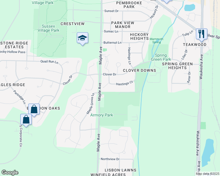 map of restaurants, bars, coffee shops, grocery stores, and more near N58W23861 Hastings Court in Sussex