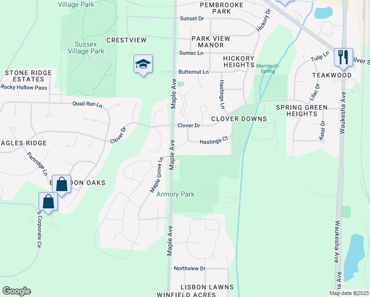 map of restaurants, bars, coffee shops, grocery stores, and more near w239n5834 Maple Avenue in Sussex