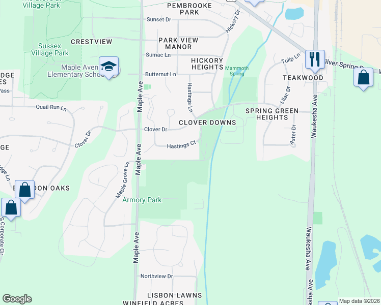 map of restaurants, bars, coffee shops, grocery stores, and more near N58W23777 Hastings Court in Sussex