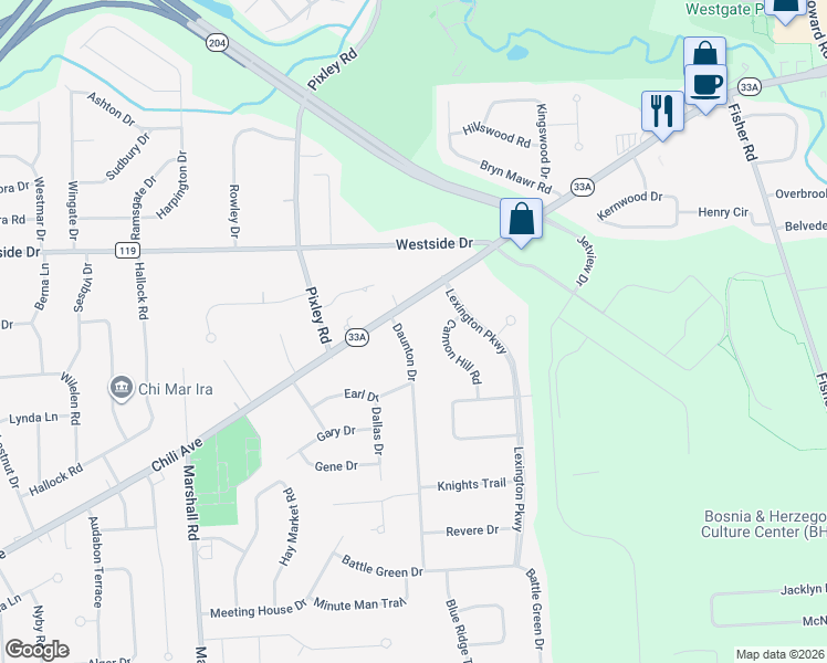 map of restaurants, bars, coffee shops, grocery stores, and more near 7 Daunton Drive in Rochester