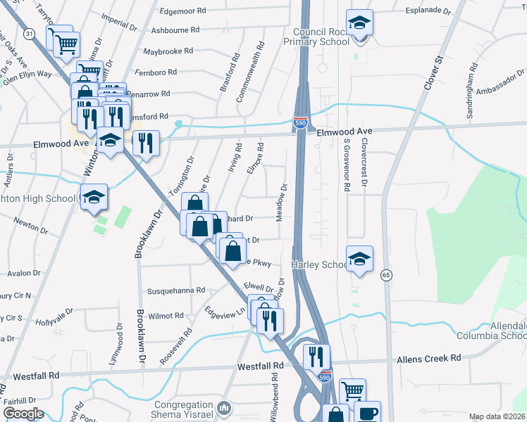 map of restaurants, bars, coffee shops, grocery stores, and more near 42 Willowdale Drive in Rochester