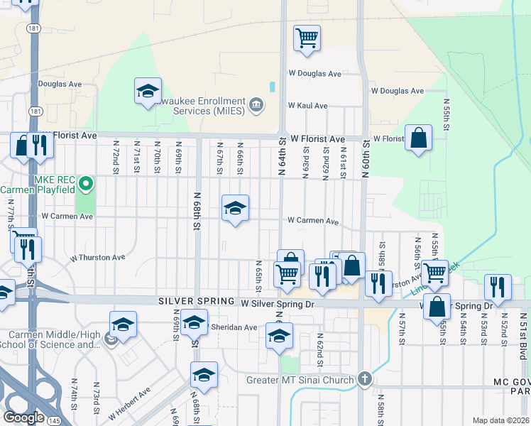 map of restaurants, bars, coffee shops, grocery stores, and more near 5821 North 64th Street in Milwaukee