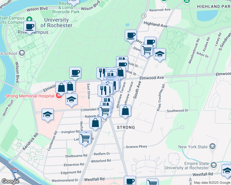 map of restaurants, bars, coffee shops, grocery stores, and more near 1360 Mount Hope Avenue in Rochester