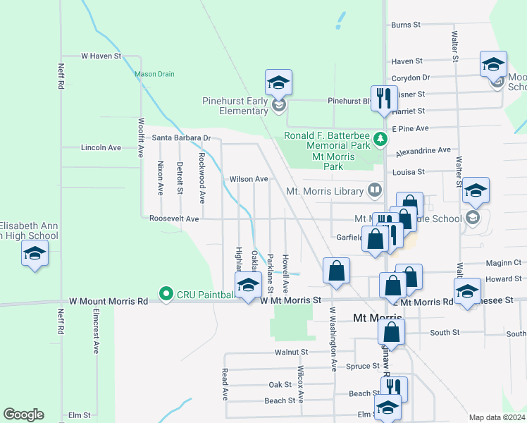 map of restaurants, bars, coffee shops, grocery stores, and more near 415 Roosevelt Avenue in Mount Morris