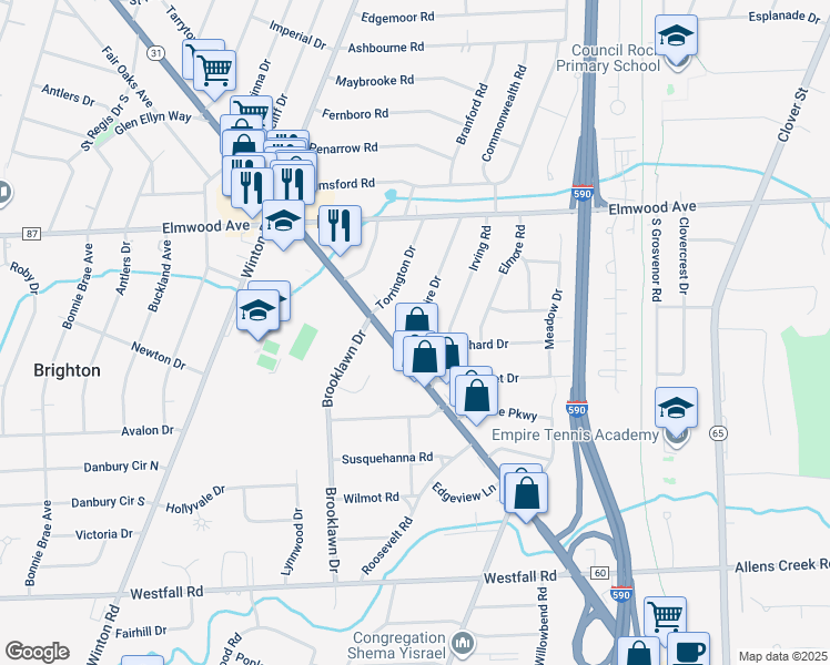 map of restaurants, bars, coffee shops, grocery stores, and more near 159 Hampshire Drive in Rochester