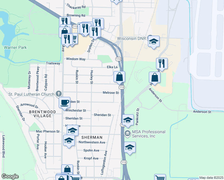 map of restaurants, bars, coffee shops, grocery stores, and more near 1950 Melrose Street in Madison