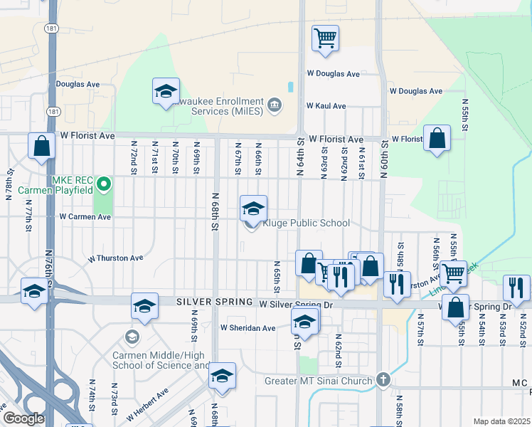 map of restaurants, bars, coffee shops, grocery stores, and more near 6520 West Carmen Avenue in Milwaukee
