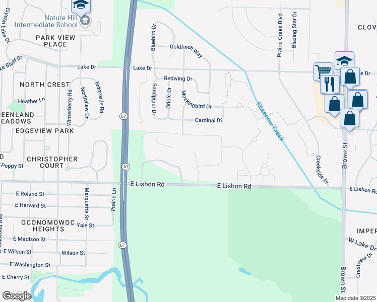 map of restaurants, bars, coffee shops, grocery stores, and more near 1092 Spruce Court in Oconomowoc