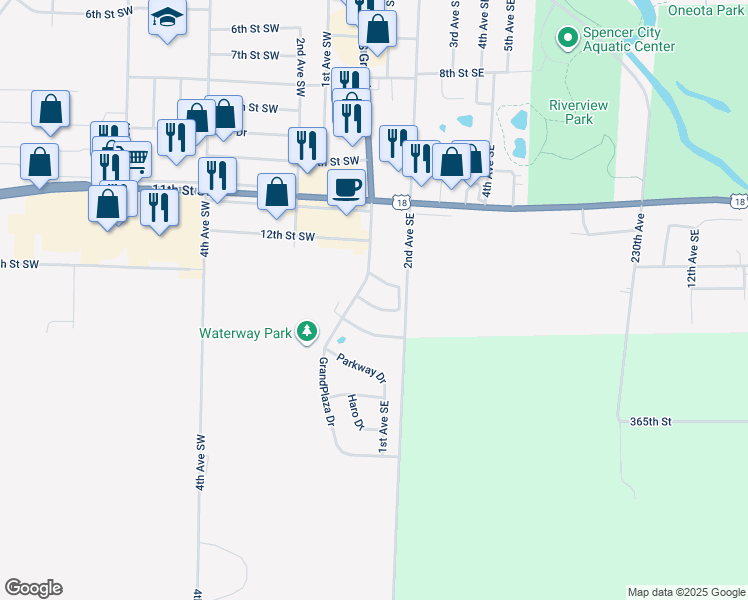 map of restaurants, bars, coffee shops, grocery stores, and more near 11 Pleasant Boulevard in Spencer
