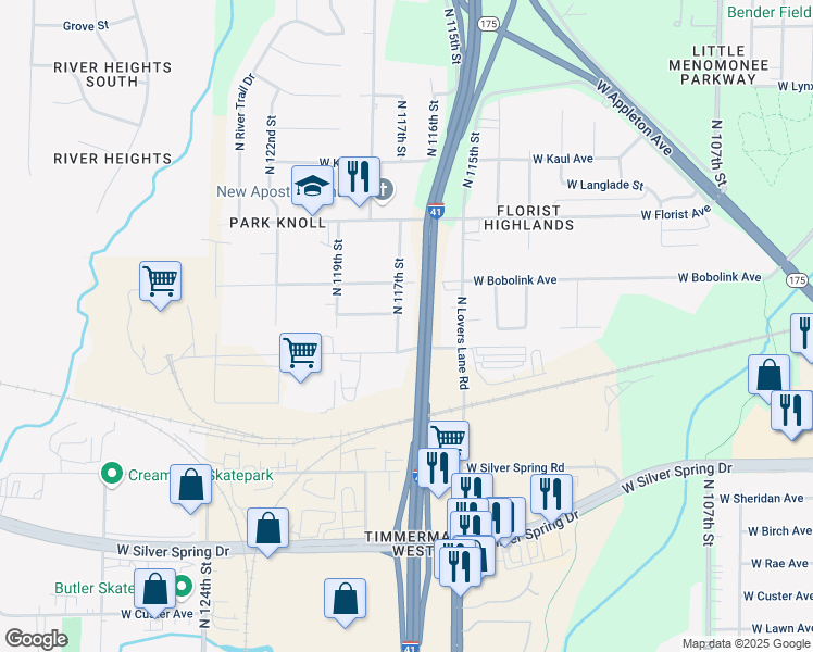 map of restaurants, bars, coffee shops, grocery stores, and more near 5826 North 117th Street in Milwaukee