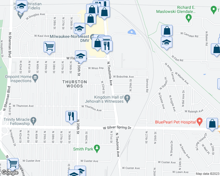 map of restaurants, bars, coffee shops, grocery stores, and more near 5823 North Teutonia Avenue in Milwaukee