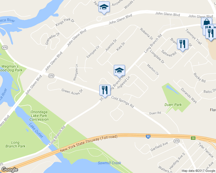 map of restaurants, bars, coffee shops, grocery stores, and more near 103 Greeley Circle in Liverpool