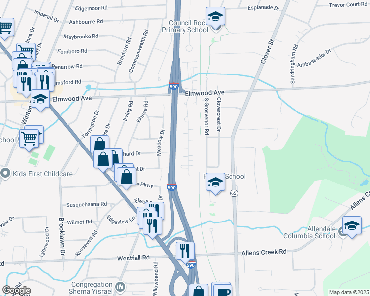 map of restaurants, bars, coffee shops, grocery stores, and more near 257 Valley Road in Rochester