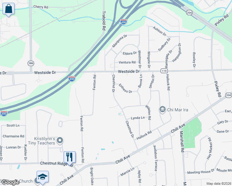 map of restaurants, bars, coffee shops, grocery stores, and more near 102 Chestnut Drive in Rochester