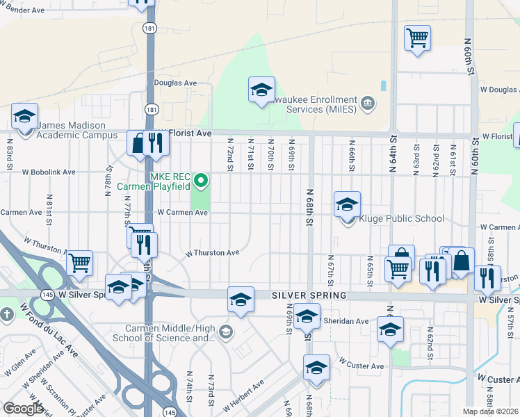 map of restaurants, bars, coffee shops, grocery stores, and more near 7016 West Carmen Avenue in Milwaukee