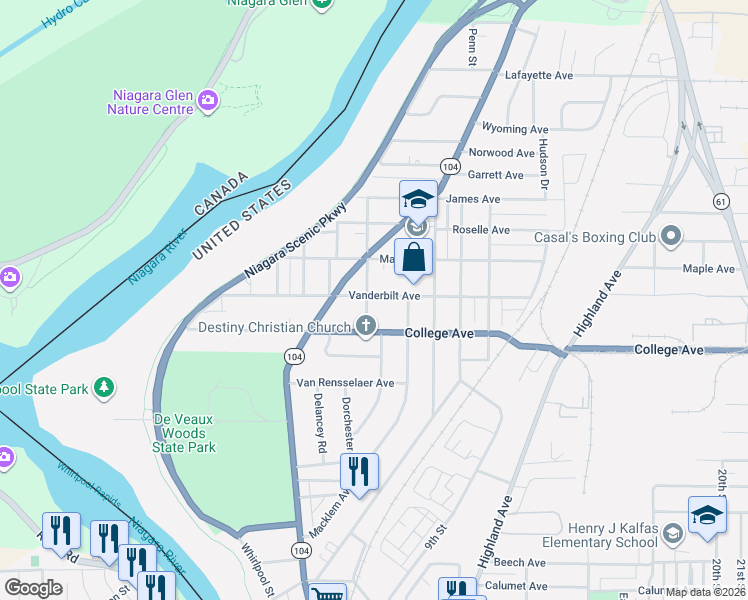 map of restaurants, bars, coffee shops, grocery stores, and more near 909 Vanderbilt Ave in Niagara Falls